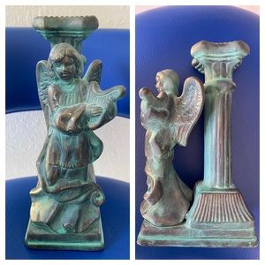 7” Angel Cherub Wings Harp Patina Candlestick